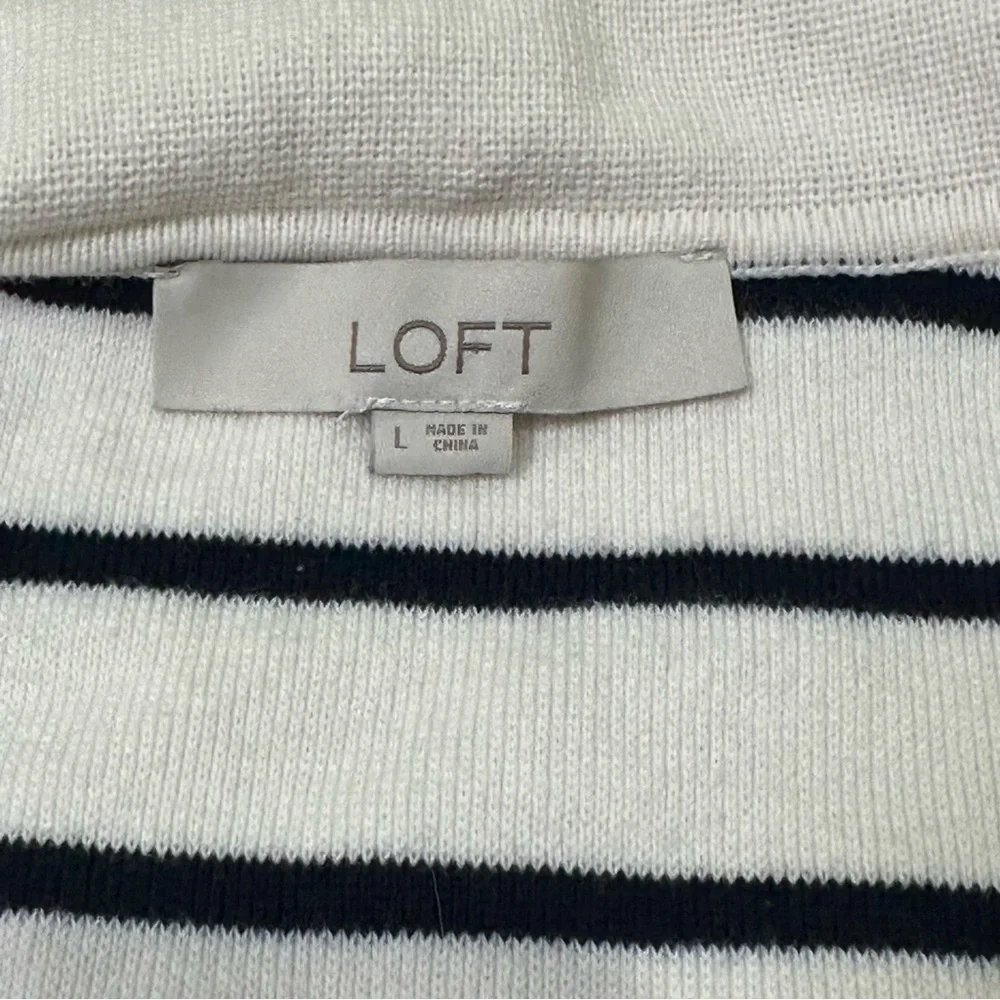 Loft Women’s L Off-White & Navy Striped Collared Knit Cardigan